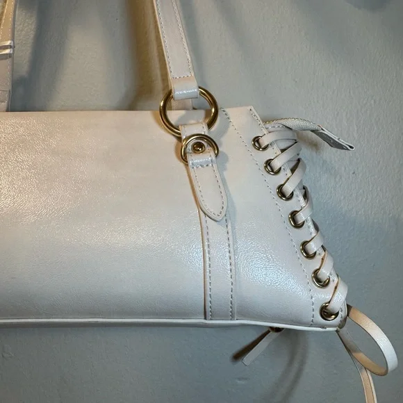 Cream Shoulder Bag with Lace-Up Side Detail - Picture 5 of 13